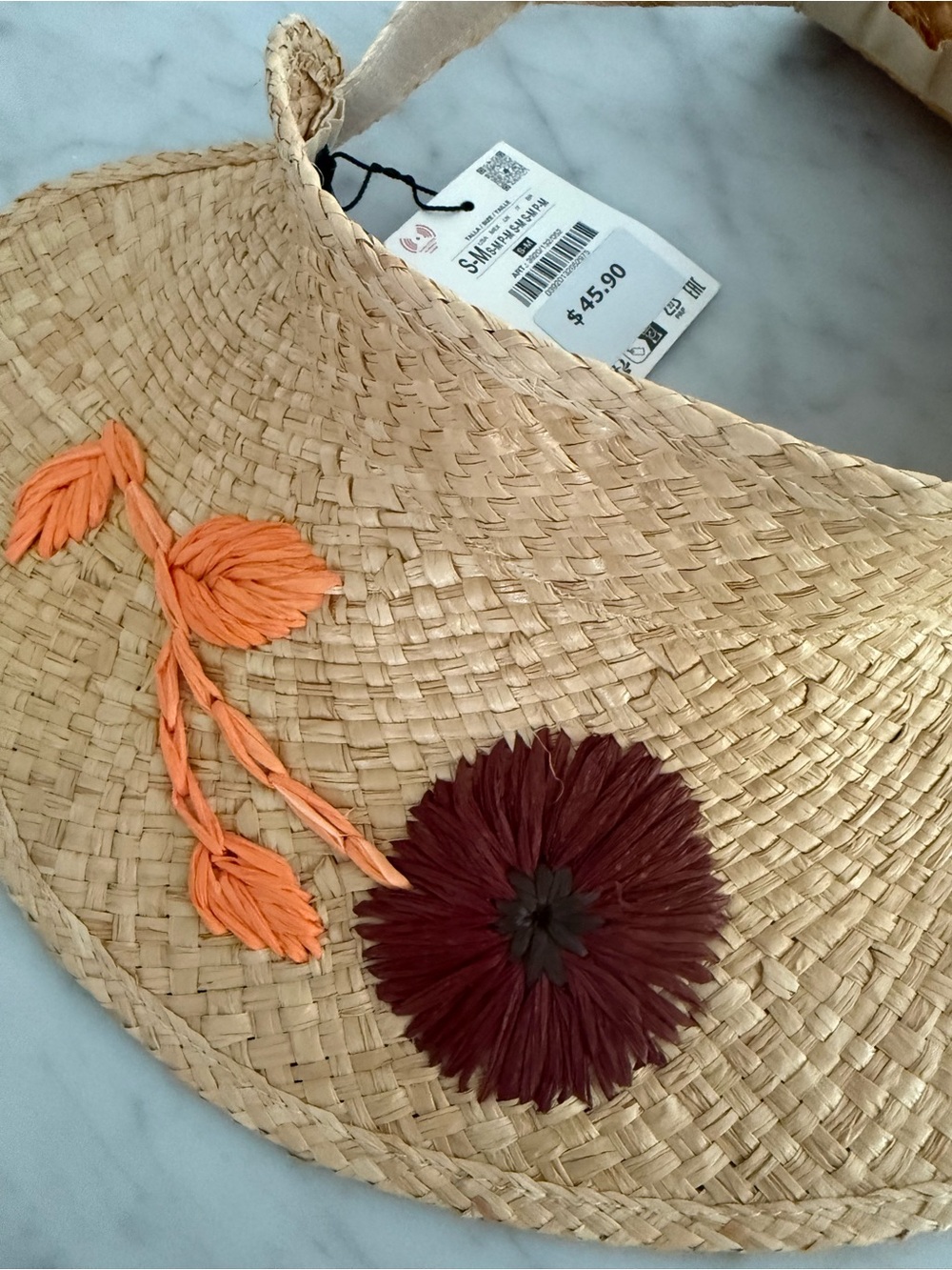 Zara Straw Visor with Pink-Orange and Brown Floral Embroidery - Picture 3 of 5